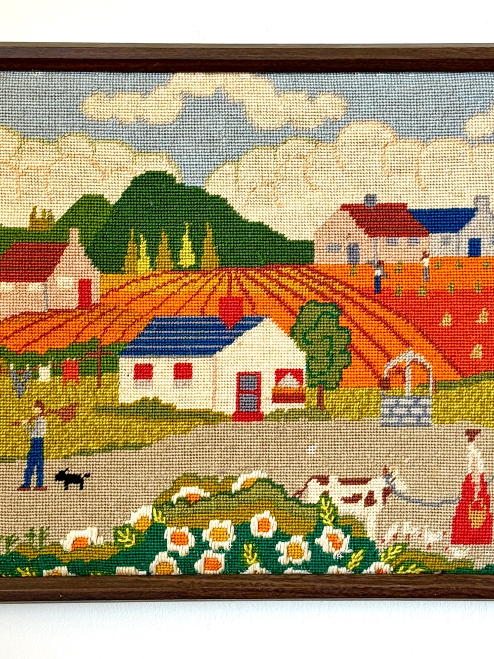 Vintage Needlepoint Farm Landscape Hand-Stitched Embroidery Country Flowers Tree
